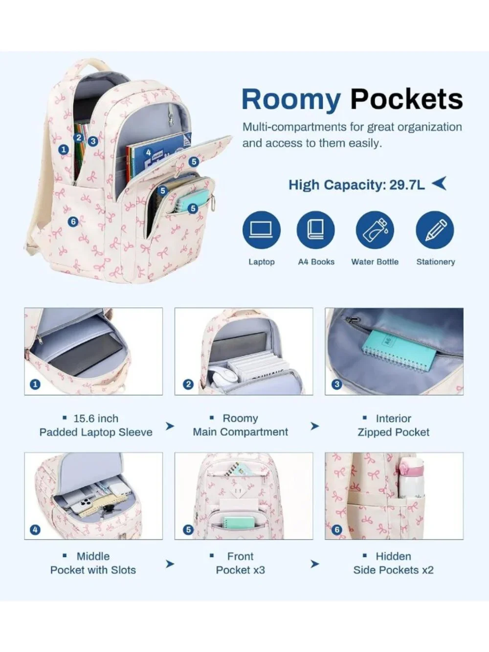 Lightweight Girls Backpack, Multi-Pocket College Bookbag, Travel Backpack, Beige